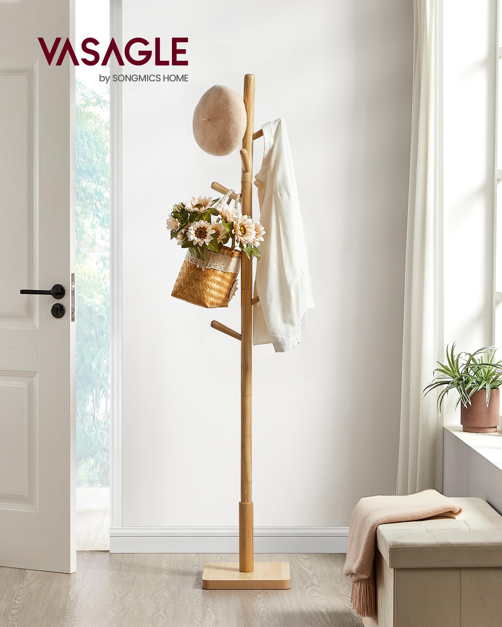 VASAGLE Coat Rack with 8 hooks highlights ample storage for coats and bags.