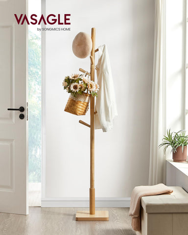 VASAGLE Coat Rack with 8 hooks highlights ample storage for coats and bags.