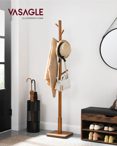 VASAGLE solid wood coat rack shows simple twist-to-secure setup for quick installation.