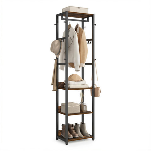 VASAGLE coat rack with shelves and hooks boosts entryway organization and accessibility.