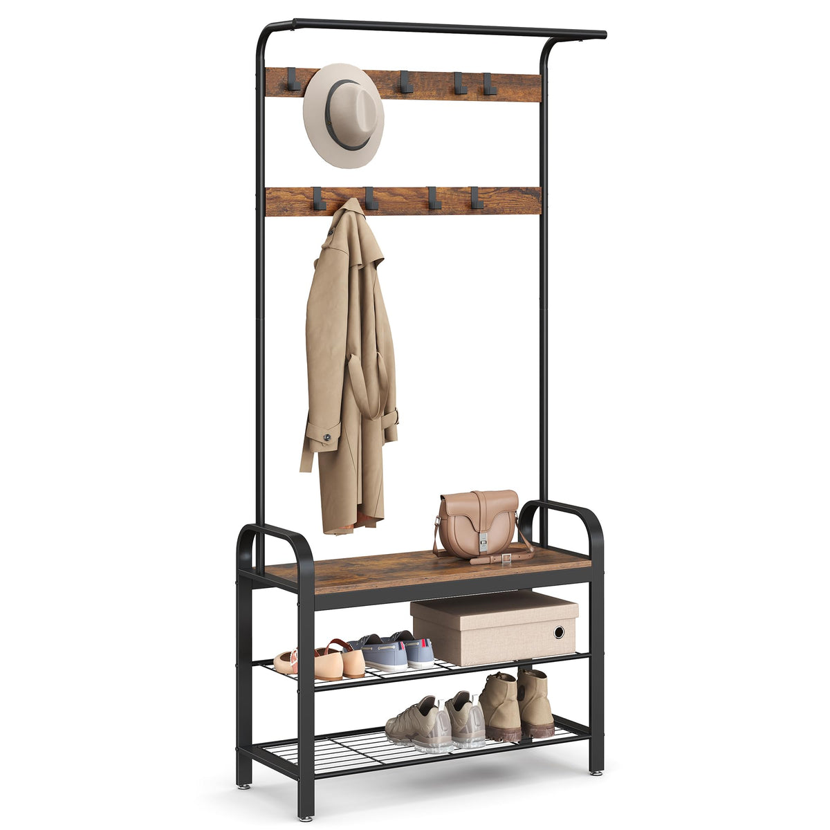 VASAGLE coat rack hall tree with 4-in-1 design and shoe bench for organized entryways.