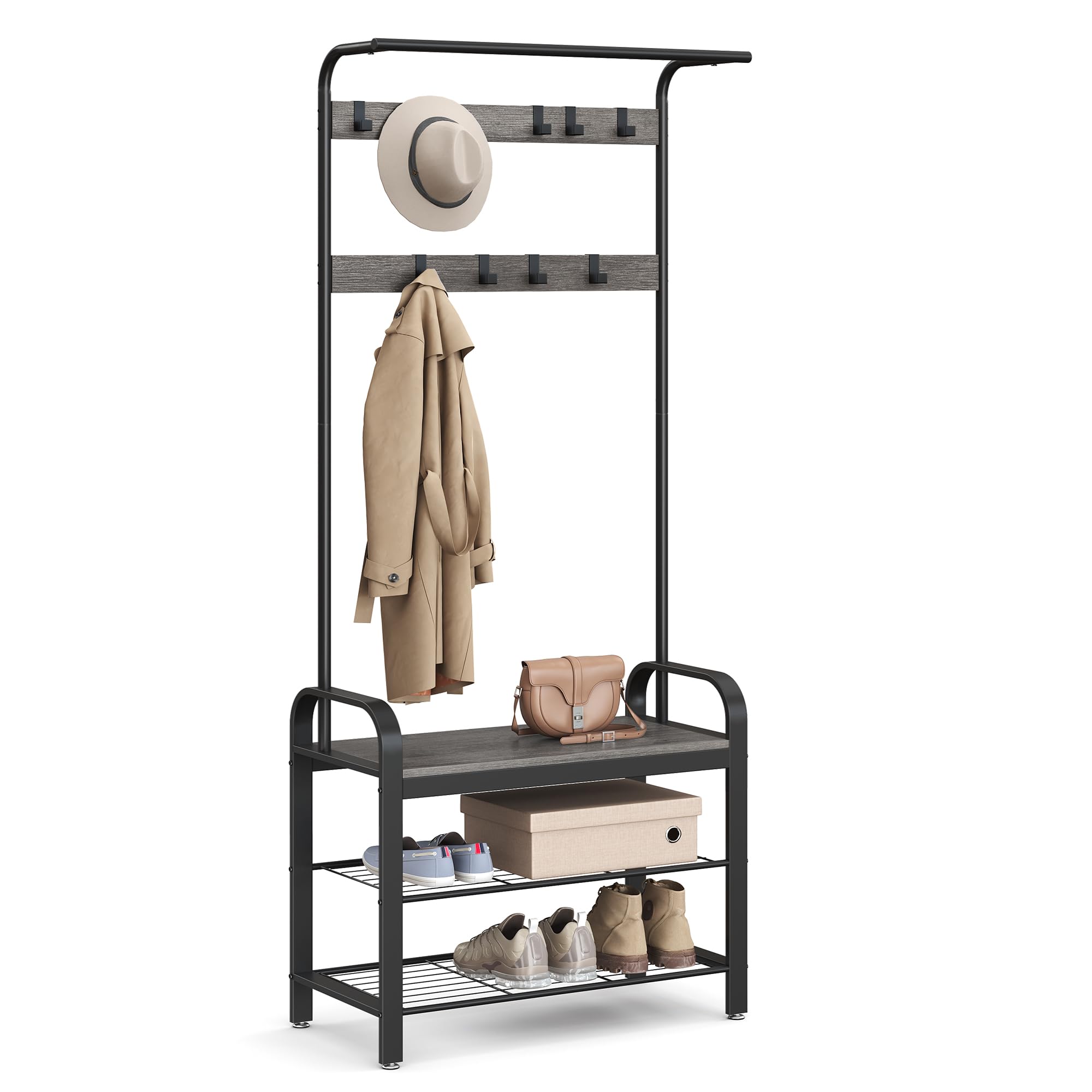 VASAGLE coat rack hall tree 4-in-1 with hanging rod and bench for organized entryway storage.