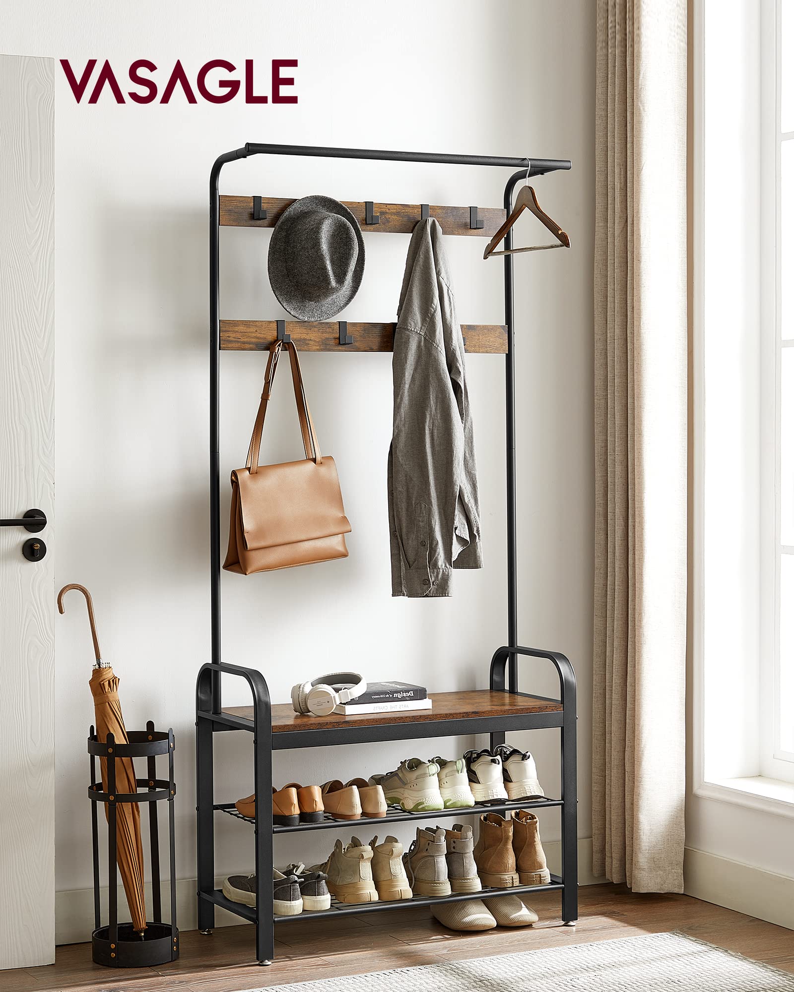 VASAGLE hall tree with 9 removable hooks for versatile hanging options.