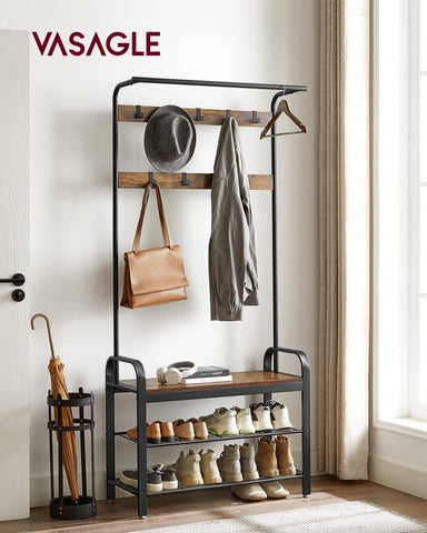 VASAGLE hall tree with 9 removable hooks for versatile hanging options.