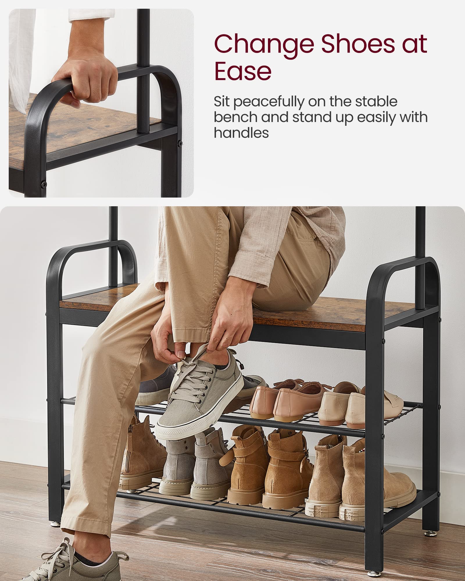 VASAGLE rustic brown and black finish adds warm style to any entryway.