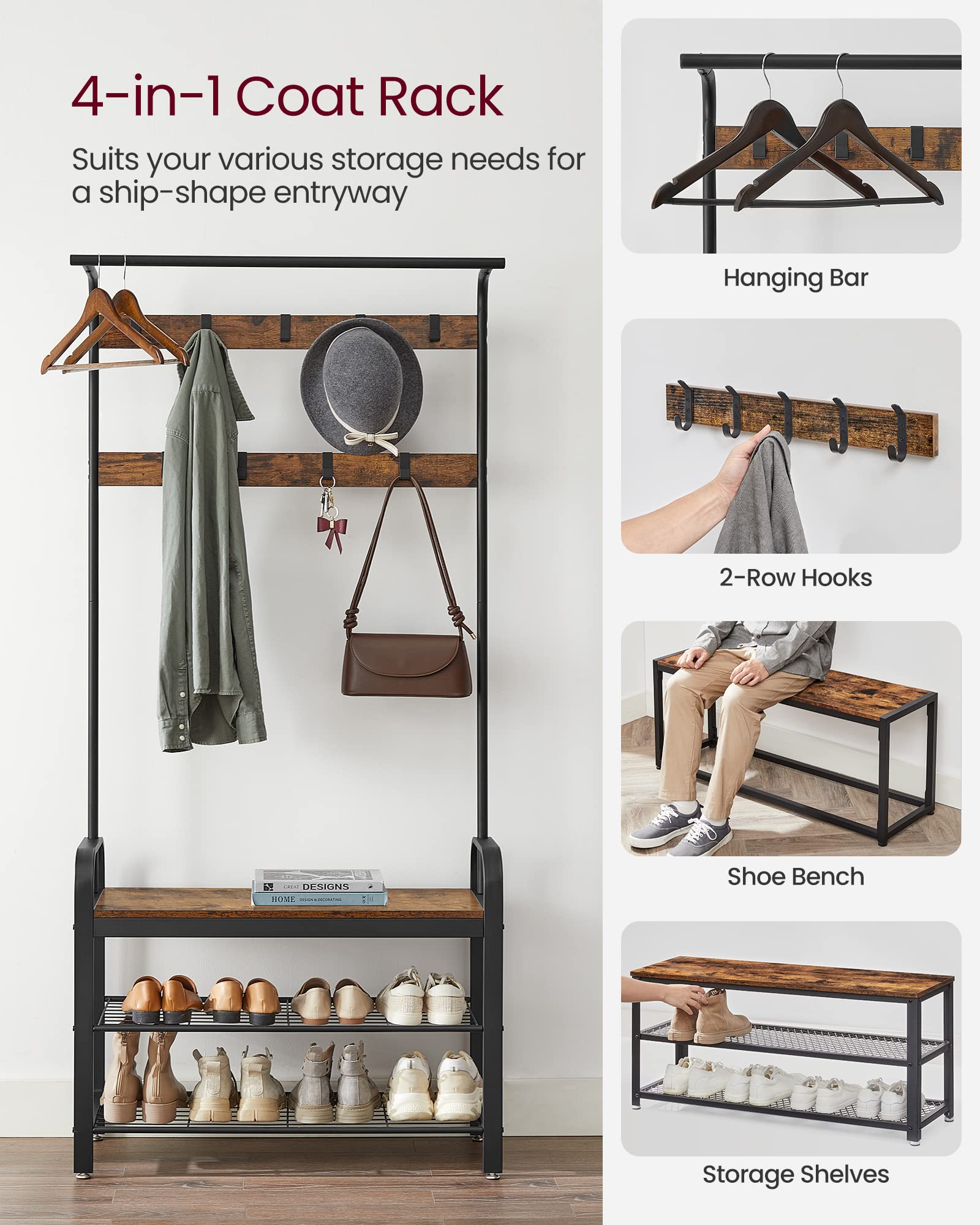 VASAGLE coat rack featuring a hanging rod ideal for coats, scarves, and umbrellas.