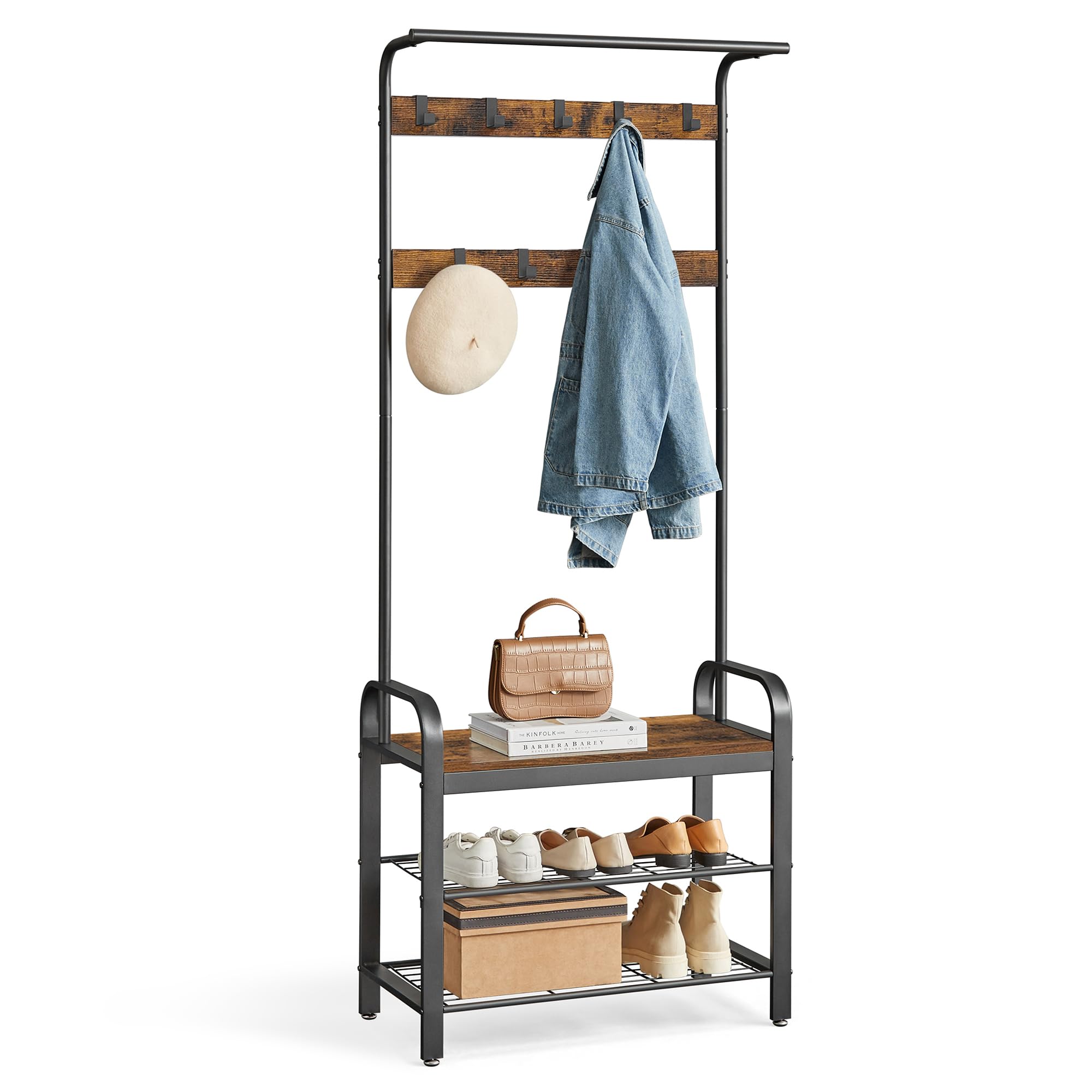 VASAGLE coat rack hall tree with rod keeps coats organized and accessible.