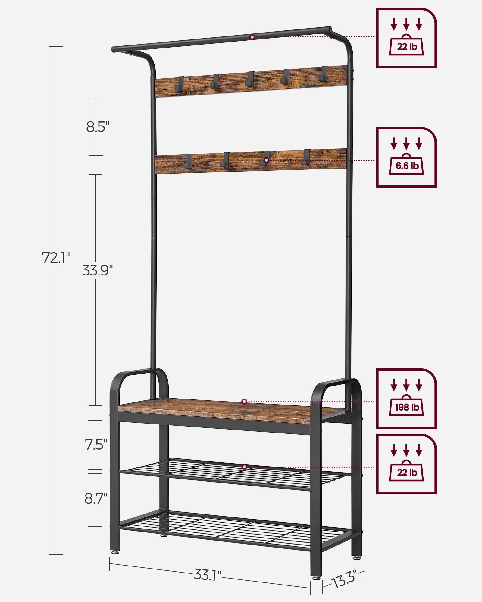 VASAGLE shoe rack integrated into hall tree keeps footwear neatly stored.