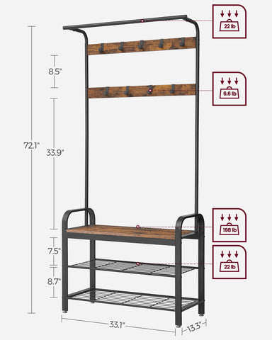 VASAGLE shoe rack integrated into hall tree keeps footwear neatly stored.