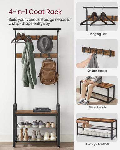 VASAGLE coat rack shoe storage keeps footwear neatly arranged near the door.