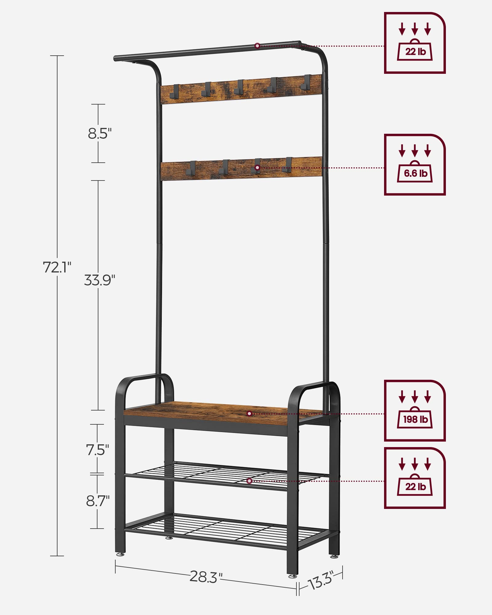 VASAGLE hall tree with sturdy steel frame supports daily use and weight.