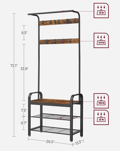 VASAGLE hall tree with sturdy steel frame supports daily use and weight.