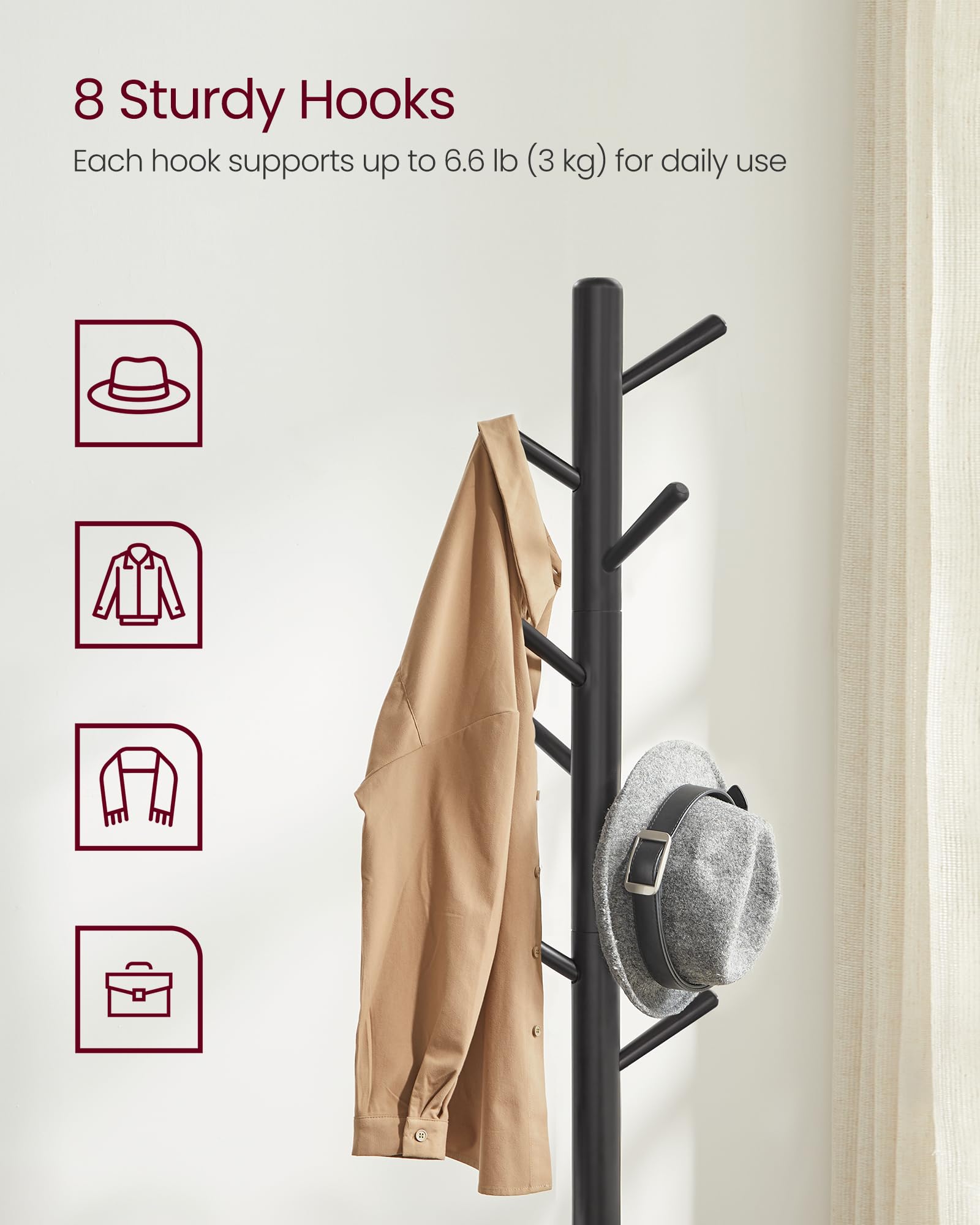VASAGLE coat rack with triangular base offers sturdy support up to 53 lb.