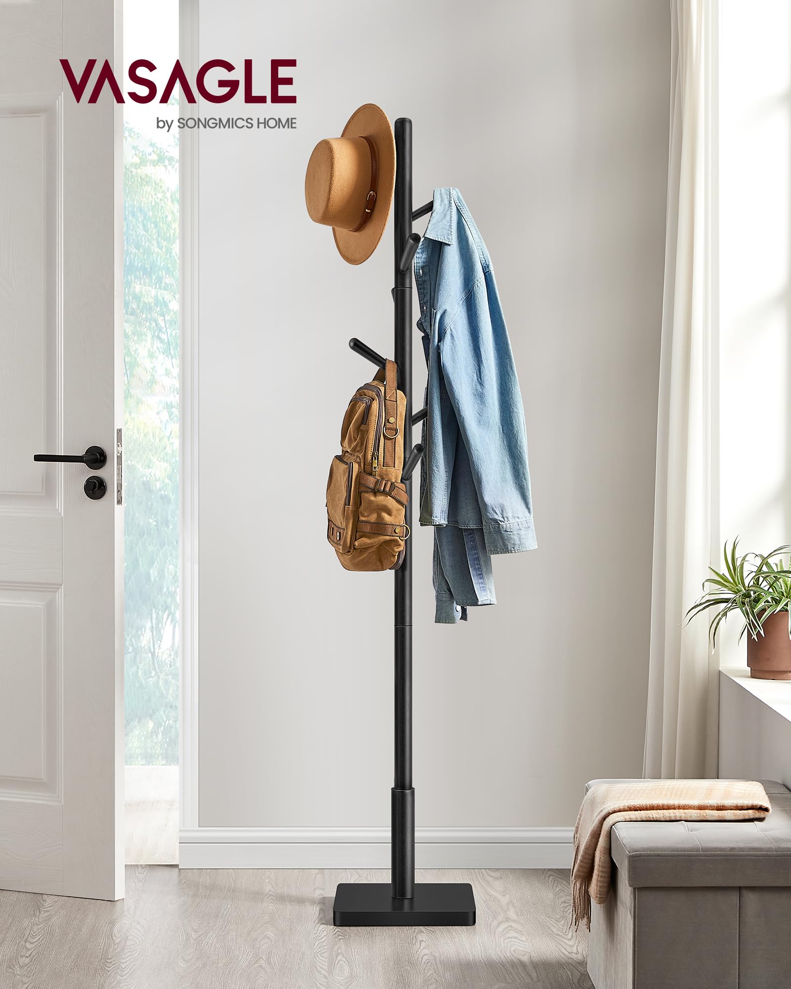VASAGLE coat tree shows three height options for family-ready organization.