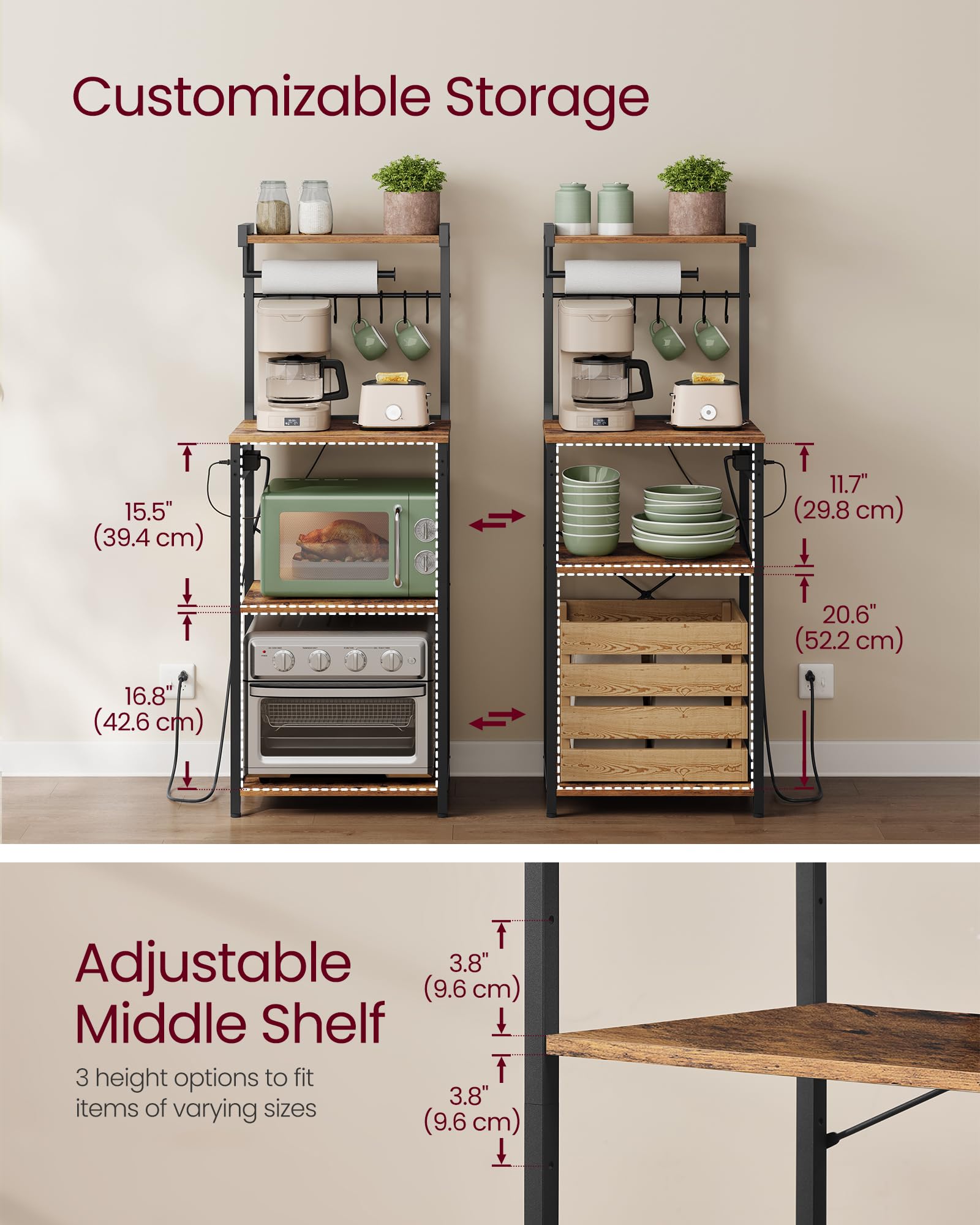 VASAGLE coffee bar with eight S-hooks demonstrates convenient utensil organization.