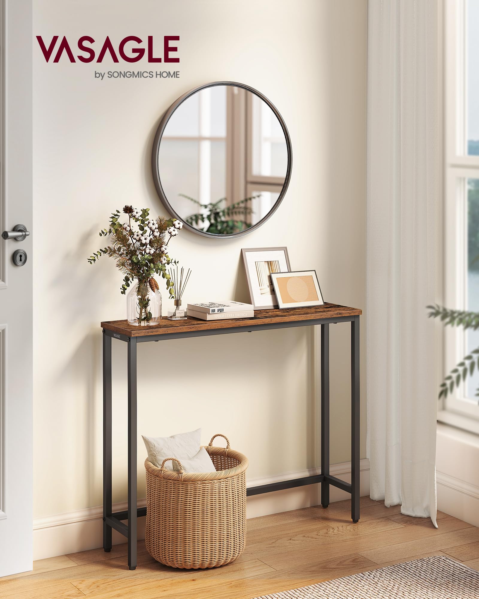 VASAGLE console table, easy assembly with labeled parts and an Allen key for fast setup.