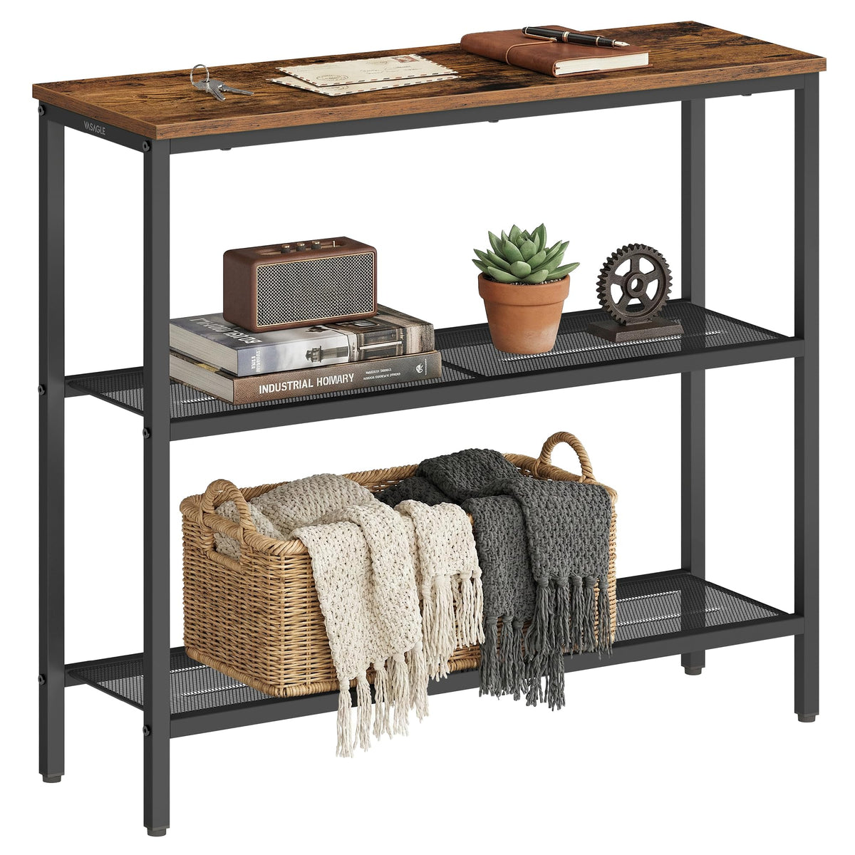VASAGLE console table front view showing slim 3-tier design for compact entryways