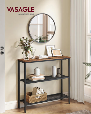 VASAGLE console table side angle highlighting slim silhouette behind the sofa