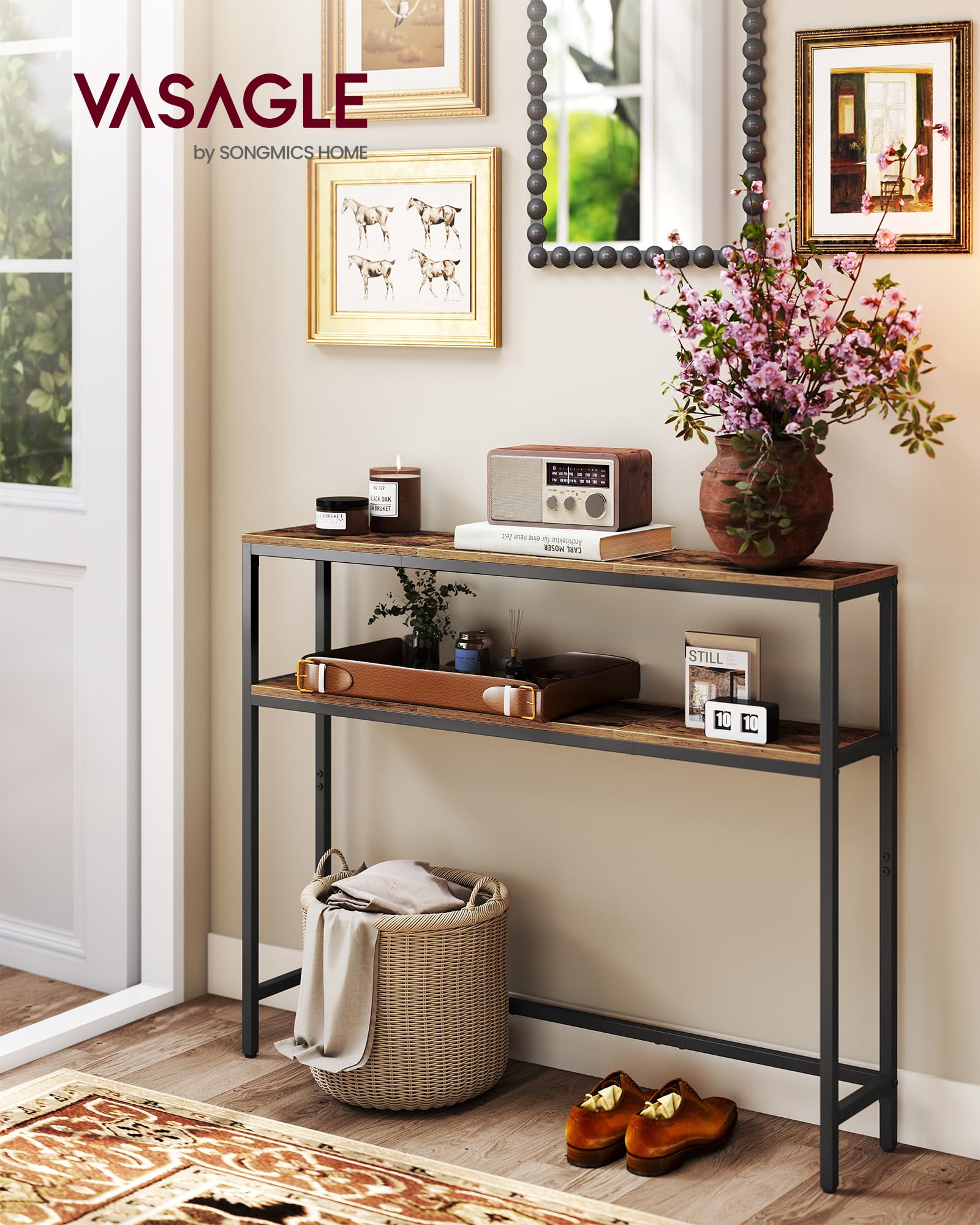 VASAGLE console table two-shelf setup demonstrates organized living room storage
