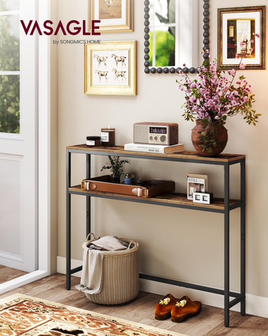 VASAGLE console table two-shelf setup demonstrates organized living room storage