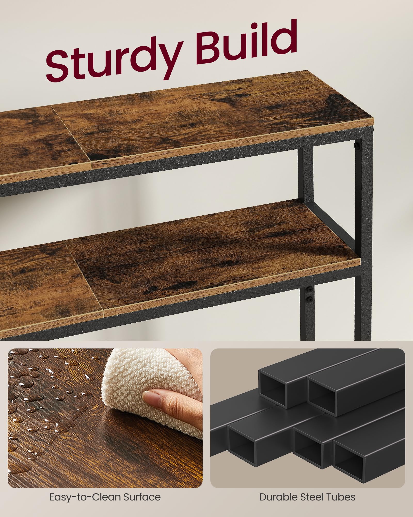 VASAGLE console table wood grain closeup highlights rustic brown finish