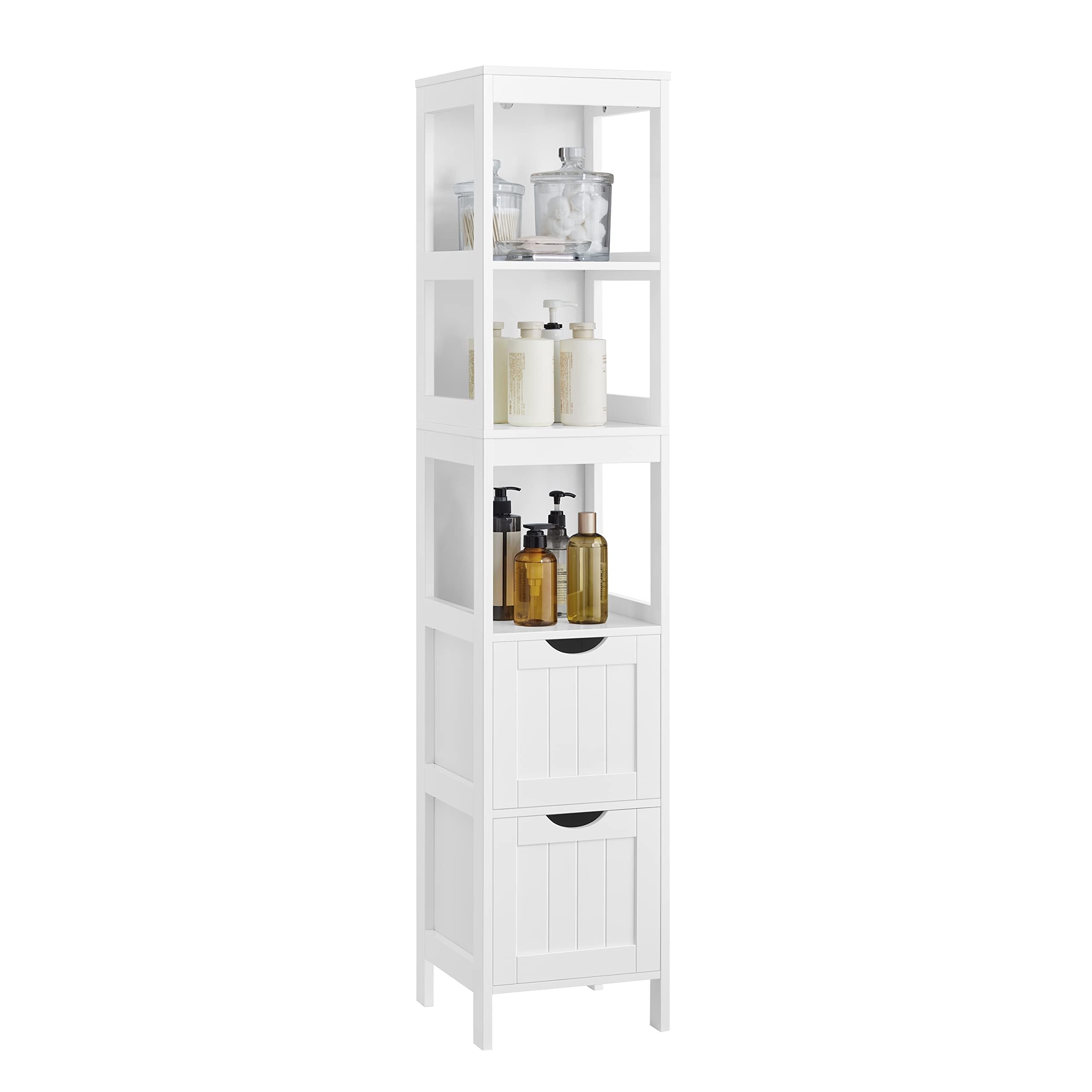 VASAGLE corner cabinet with open shelves keeps everyday items within easy reach.
