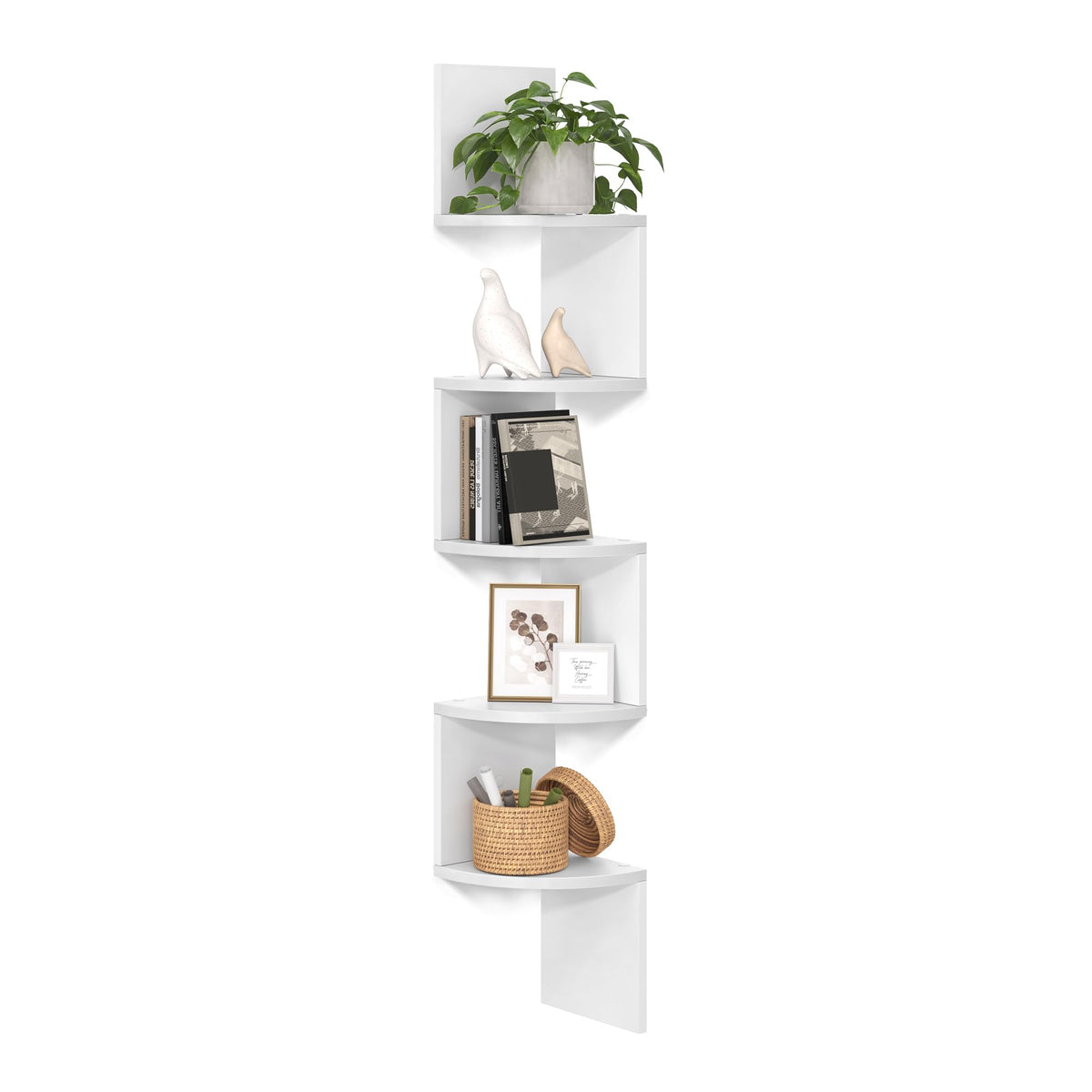 VASAGLE corner shelf wall mount 5-tier holds decor and books neatly in a compact corner.
