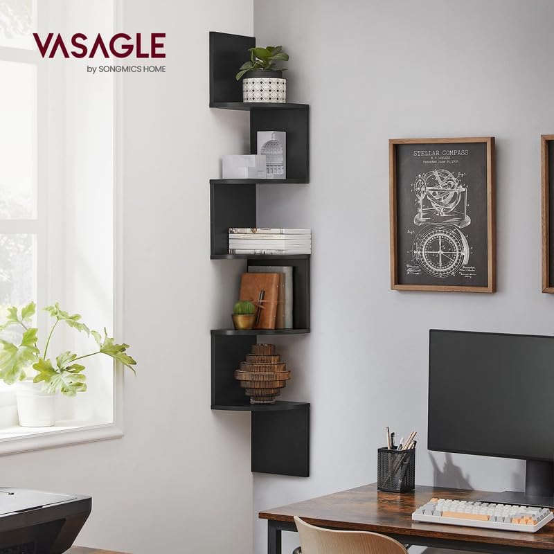 VASAGLE corner shelf wall mount ink black zigzag detail showcases books and decor efficiently.