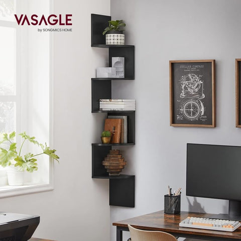 VASAGLE corner shelf wall mount ink black zigzag detail showcases books and decor efficiently.