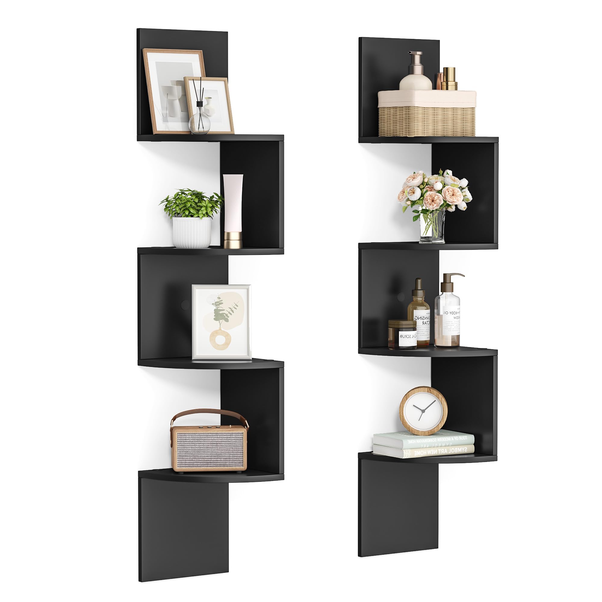 VASAGLE corner shelves ink black angled view showcase books and plants