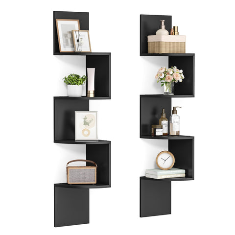 VASAGLE corner shelves ink black angled view showcase books and plants