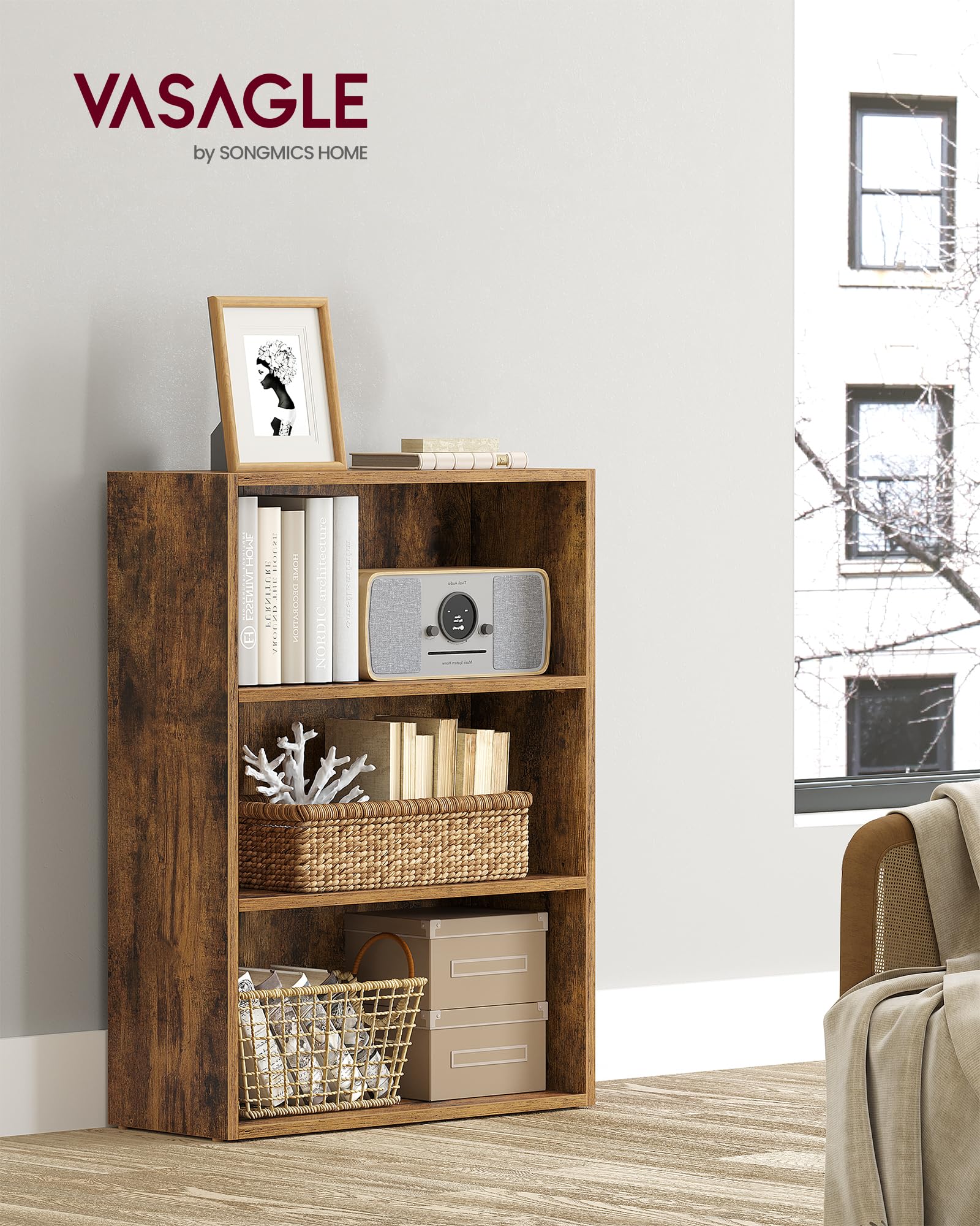 VASAGLE CUSTOS 3-tier adjustable shelves adapt to tall books and decor.