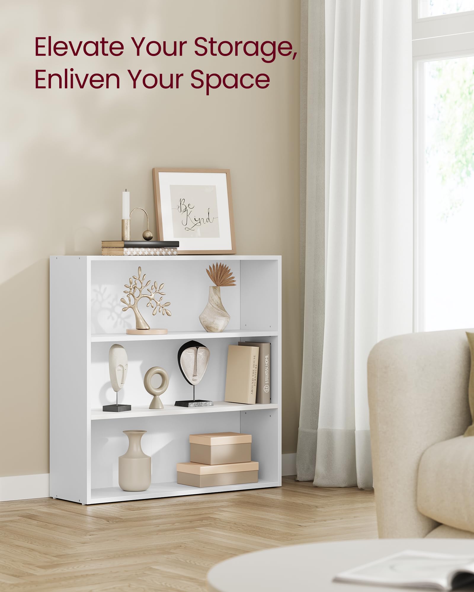 VASAGLE Custos adjustable shelves in action, adapting to tall books and decor items.