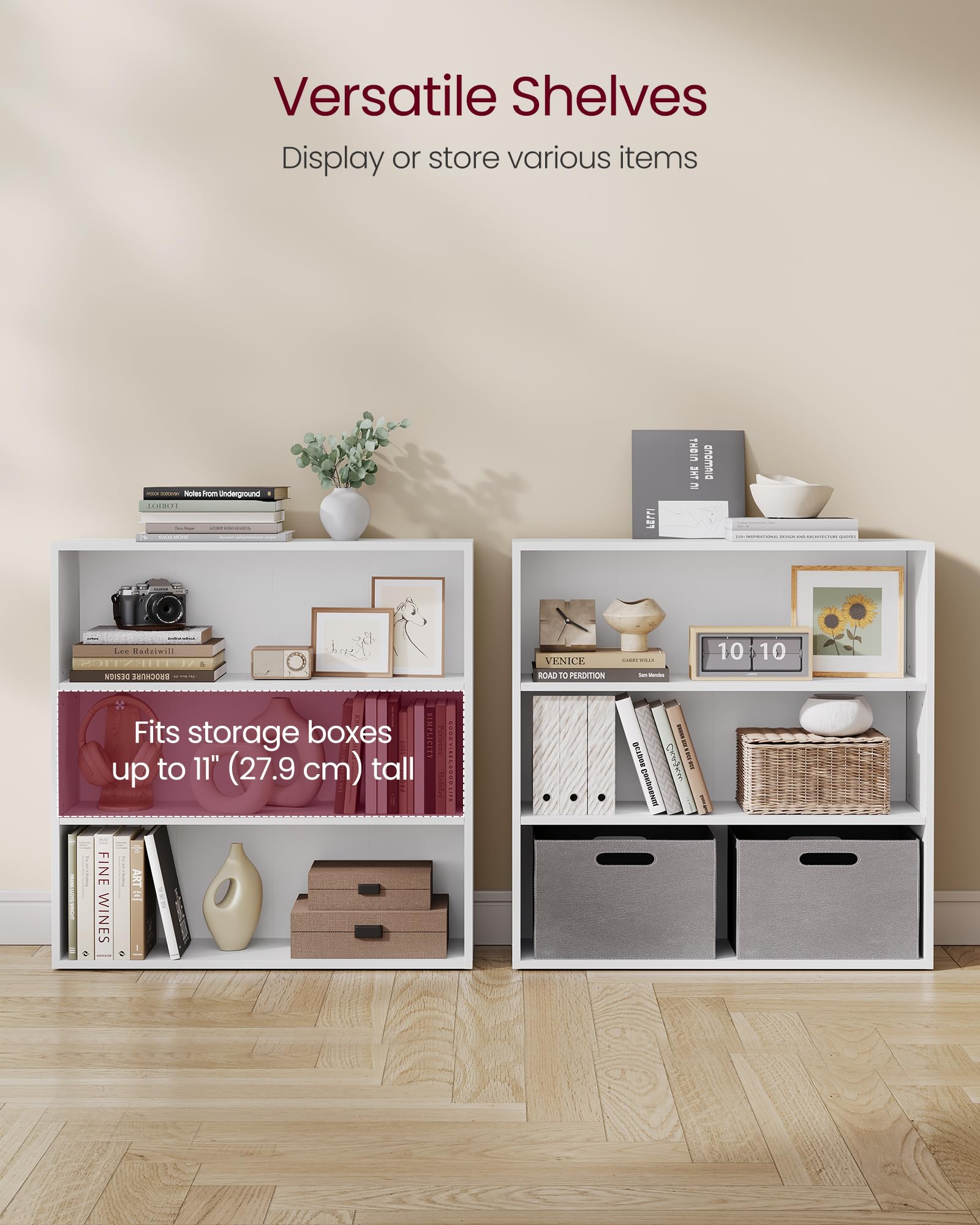 VASAGLE Custos cloud white shelf in living room for plant and photo display.