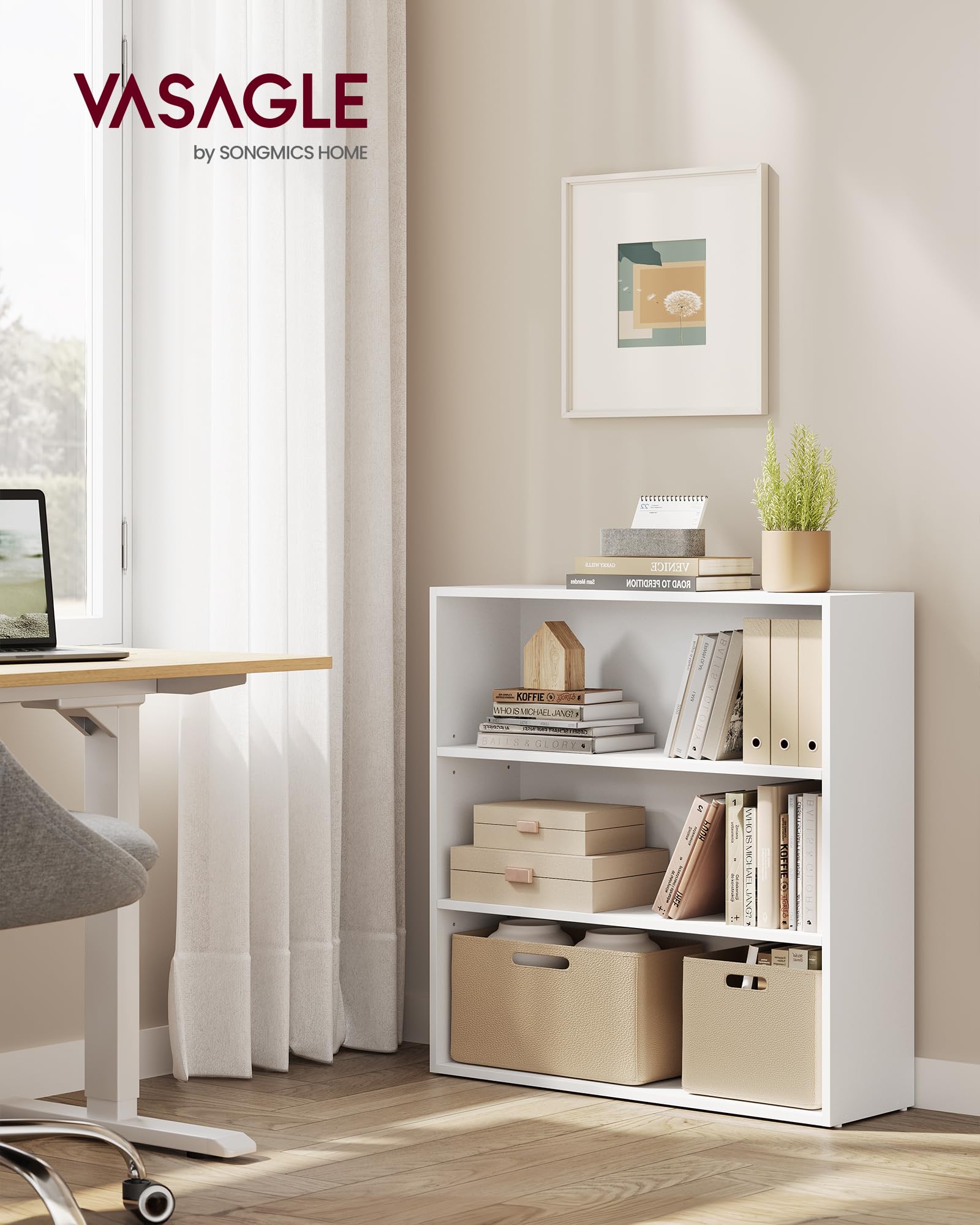 VASAGLE Custos cloud white open-storage shelves showcasing tidy book display.