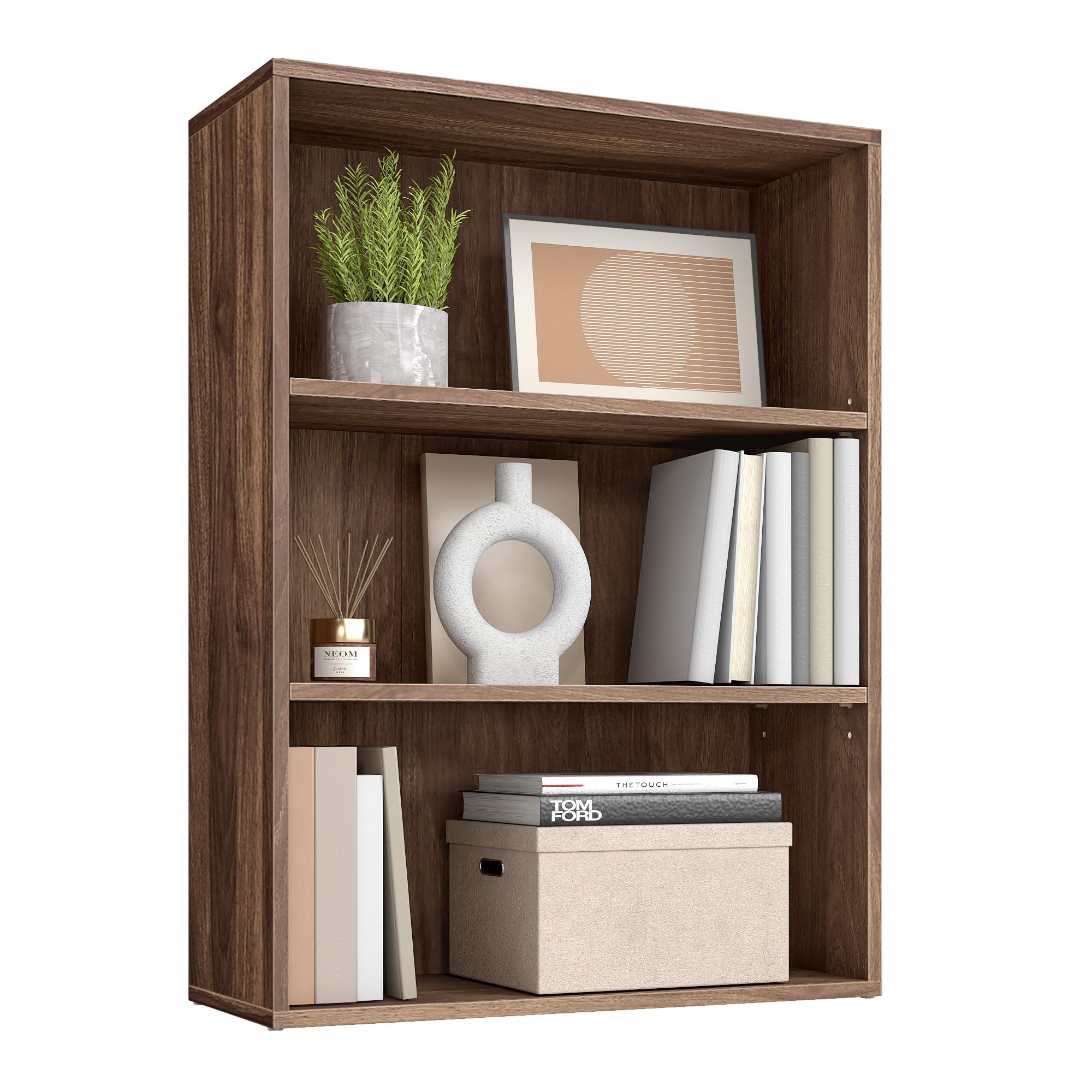VASAGLE Custos 3-Tier Bookcase front view with open storage in natural walnut