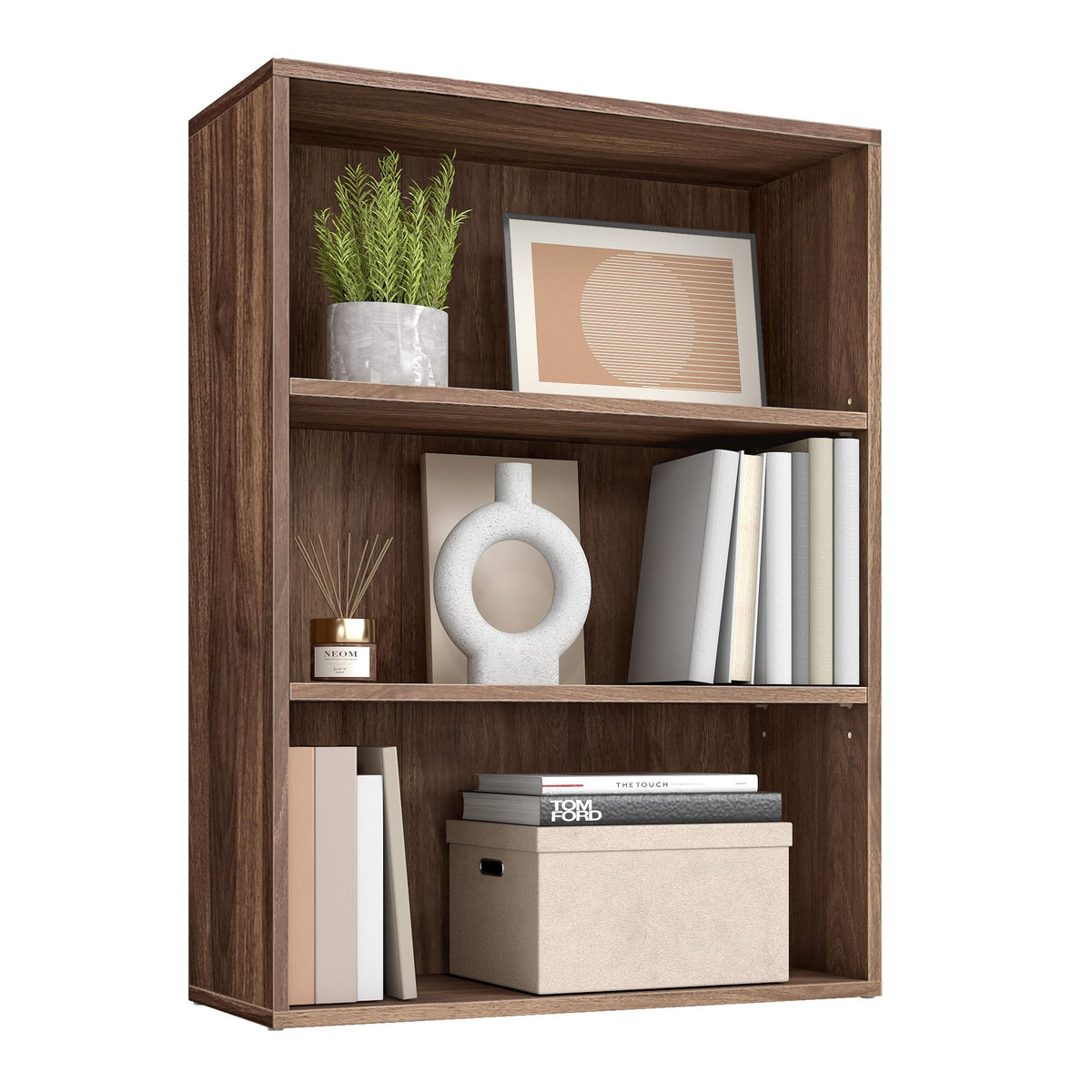 VASAGLE Custos 3-Tier Bookcase front view with open storage in natural walnut