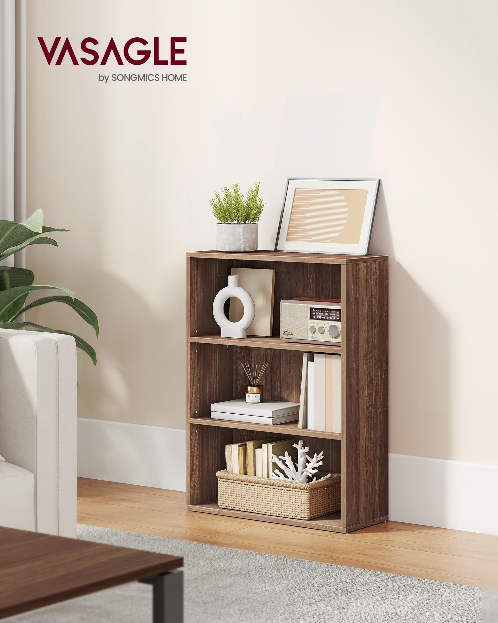 VASAGLE Custos 3-Tier Bookcase side view highlighting compact footprint for tight spaces