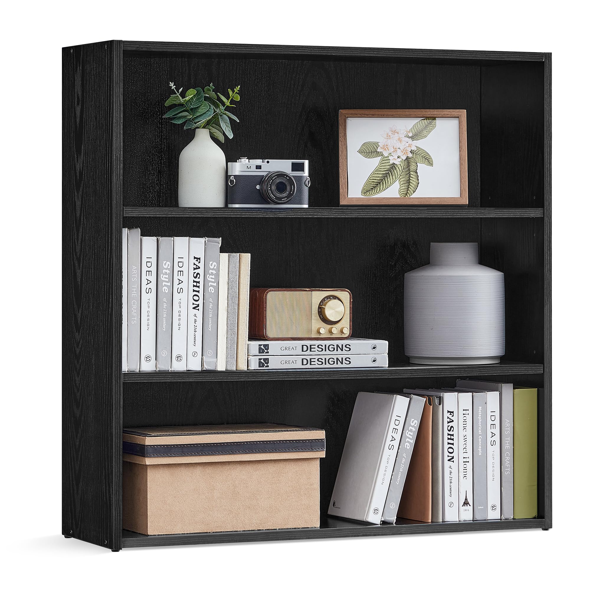 VASAGLE Custos 3-tier bookcase in ebony black for neat living-room organization.