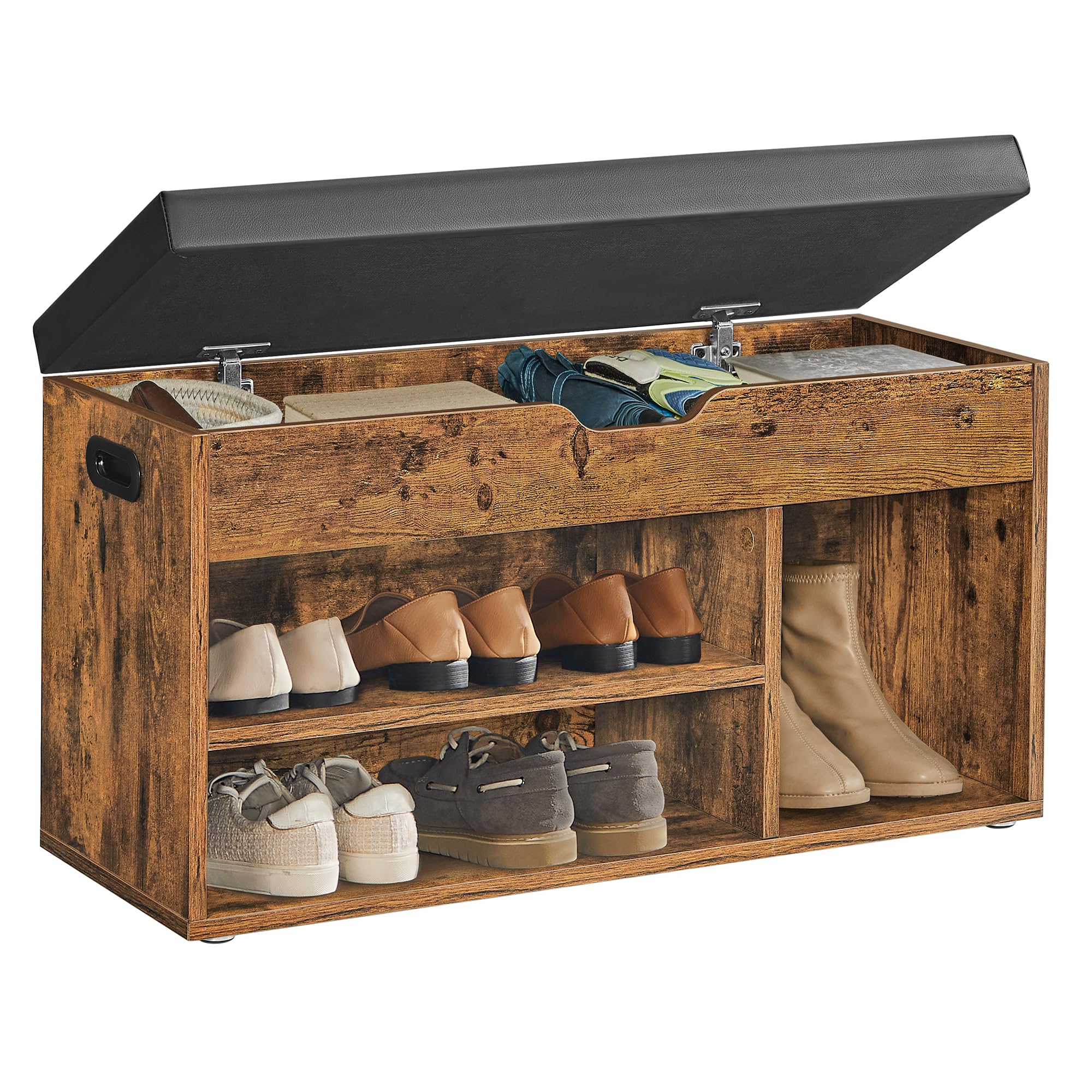 VASAGLE Custos storage bench front view with open storage for easy shoe access.
