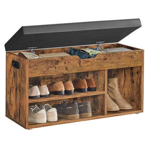 VASAGLE Custos storage bench front view with open storage for easy shoe access.