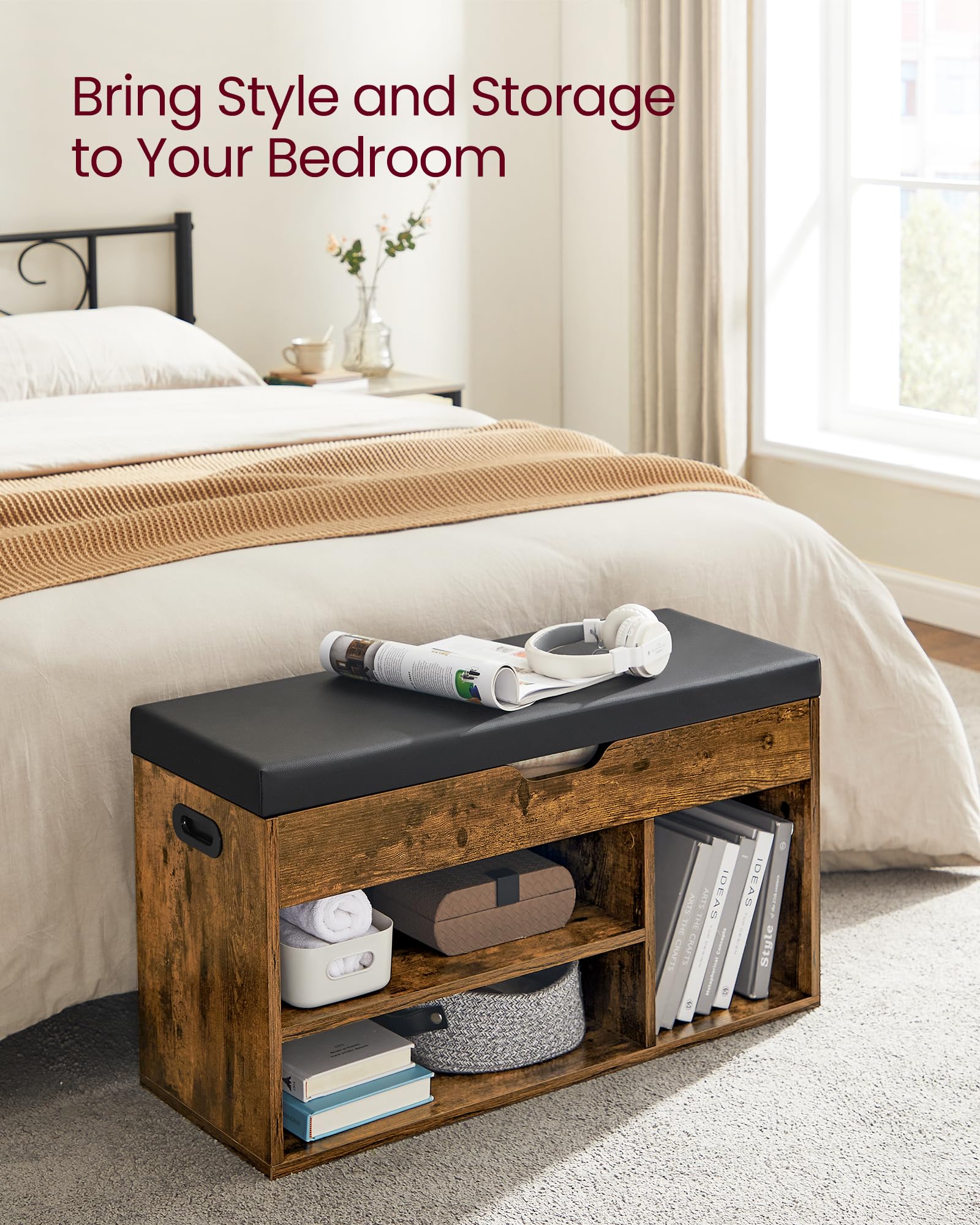 VASAGLE Custos storage bench open-compartment interior for organized items.