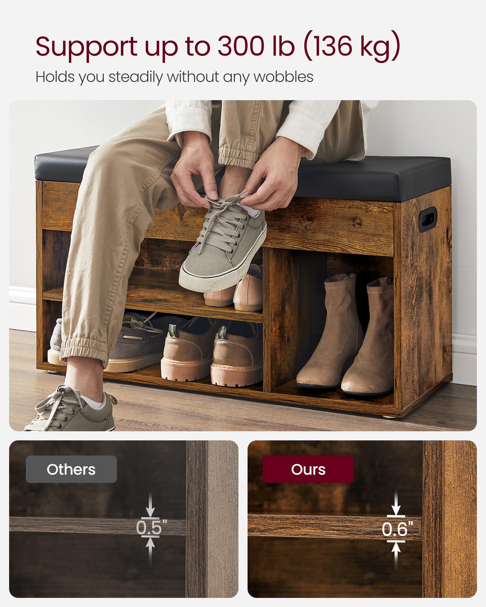 VASAGLE Custos storage bench open-shelf configuration for shoes and gear.