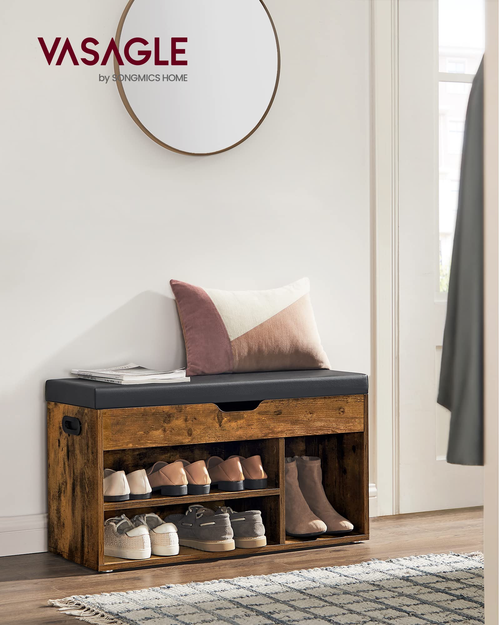 VASAGLE Custos storage bench side view showing cushioned seating.