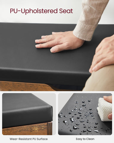VASAGLE Custos storage bench under-seat storage detail shows 2.8-inch depth.