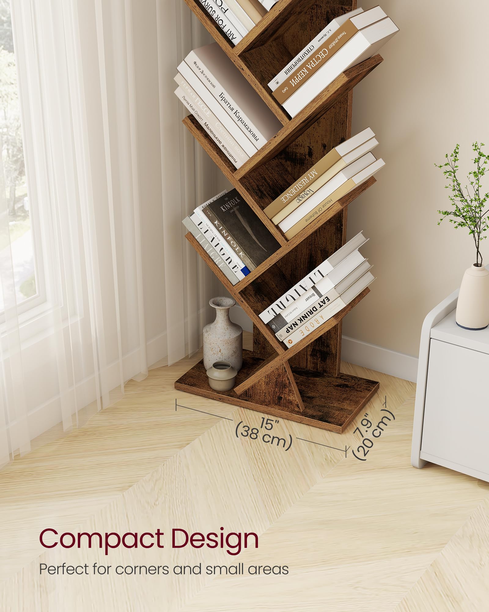 VASAGLE Custos tree bookshelf assembly guide image shows labeled parts and tool-free setup.