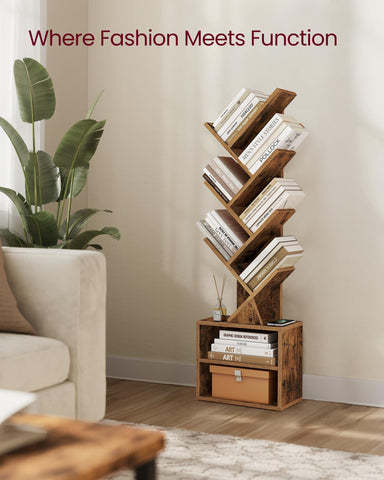 VASAGLE Custos tree bookshelf back view shows two open compartments for quick access.