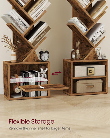 VASAGLE Custos tree bookshelf compartments closeup reveals practical storage options.