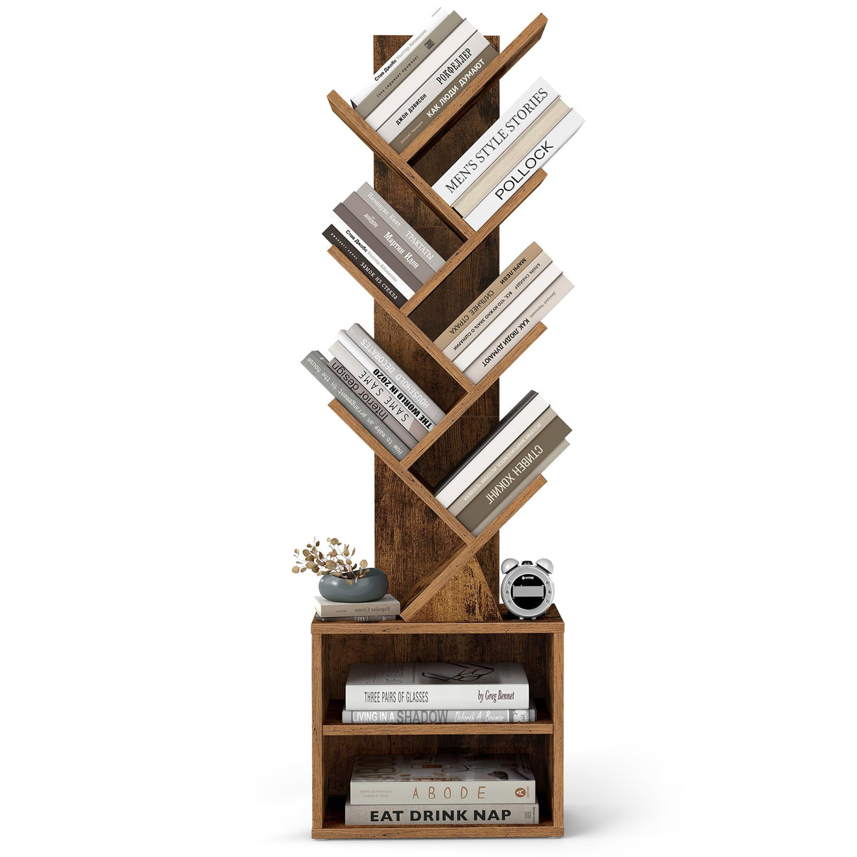 VASAGLE Custos tree bookshelf front view demonstrates space-saving corner fit.