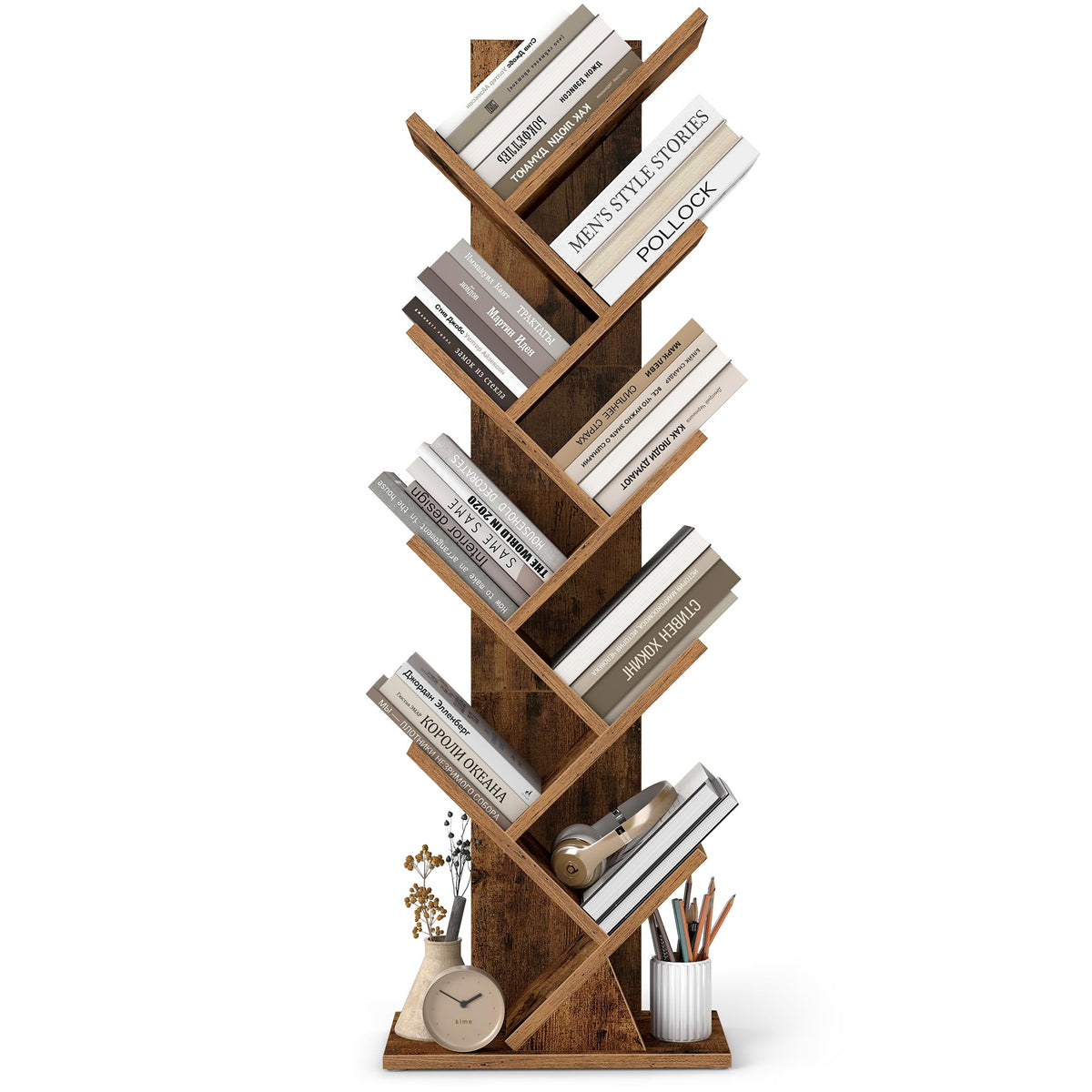 VASAGLE Custos tree bookshelf front view showing sturdy, space-saving height for living rooms.
